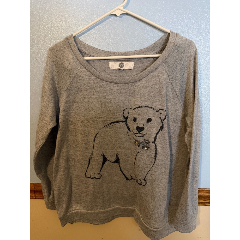 WallFlower (WF) Heather Grey Polar Bear Sequin Bow Tie Knit Sweatshirt Large